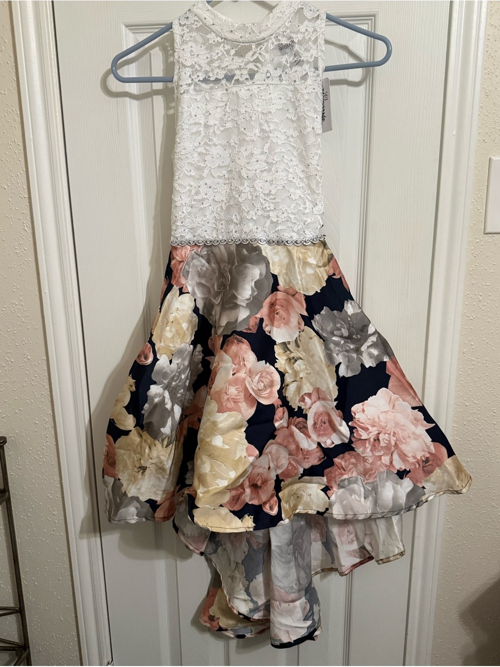 Girls White Lace & Navy Floral High-Low Skirt Dress NWT size 12